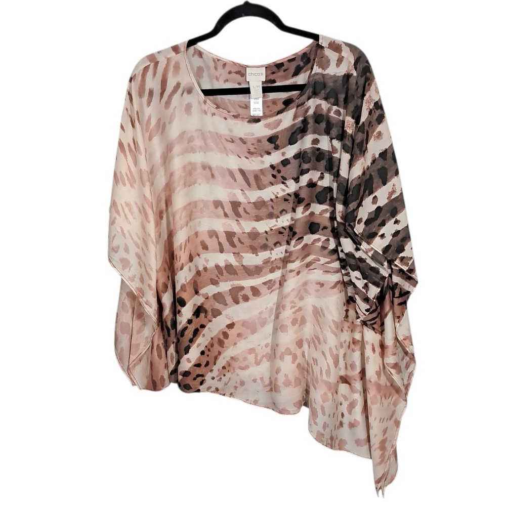 Chicos Animal Print Poncho Brown S /‎ M Asymmertrical Lightweight Cover Up Sheer